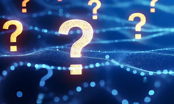  Digital question marks floating in the air on a digital background, an AI and technology concept. Digital question mark symbols with binary code on a blue holographic background, 