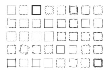 Square doodle stamp frames, hand-drawn wavy curly monograms. Edgings and cadres with simple sketchy scribble swirl design elements. Isolated. Vector illustration.