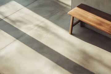 Sunlight filtering through windows onto a light-colored concrete floor with a light brown wooden bench.