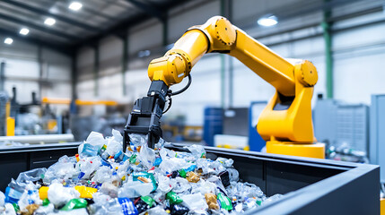 A robotic arm in a high tech recycling facility, sorting waste with extreme efficiency, Eco-tech style