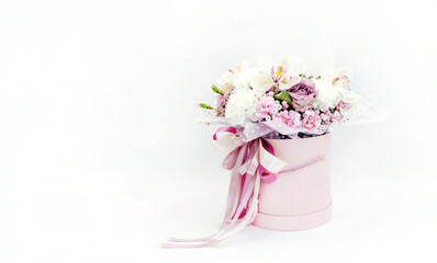 The bouquet is isolated on a white background with space for text. Banner with flowers. A gift for a beloved woman. International Women's Day. Concept of love