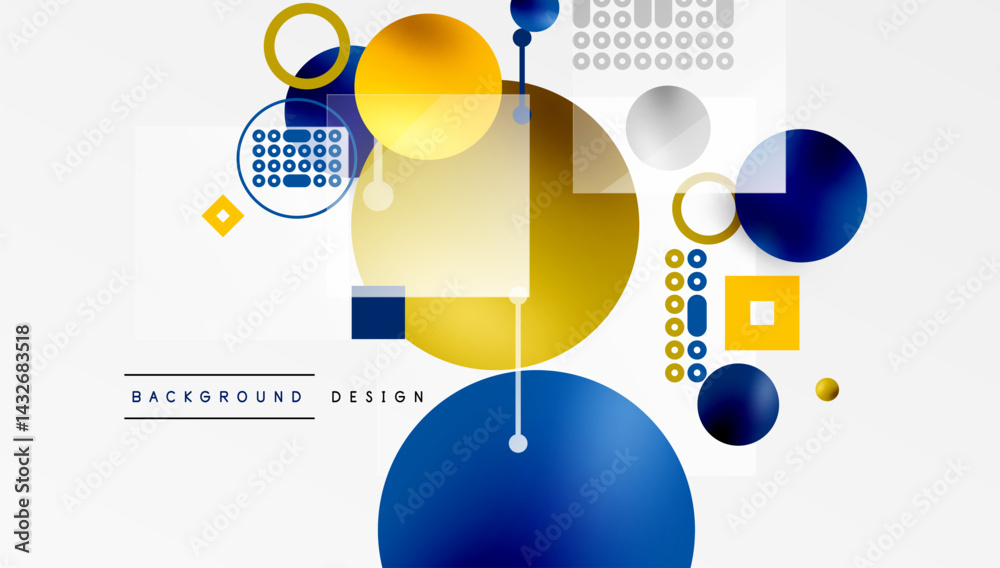 Poster abstract geometric shapes, circles, squares, lines. yellow, blue, gray color scheme. modern design e