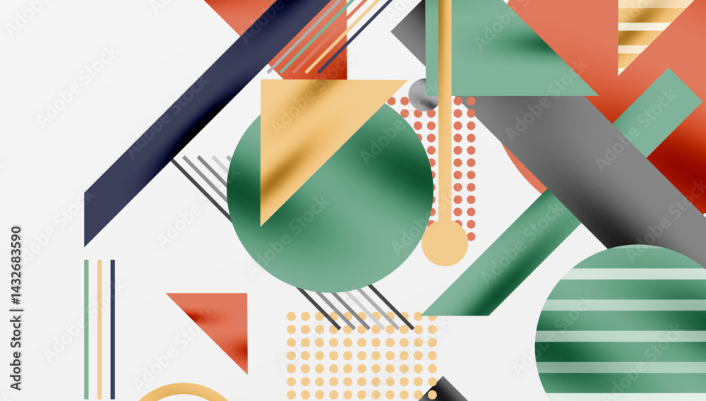 Poster Abstract geometric composition. Shapes overlap, creating dynamic visual experience. Colors include orange, green, navy, beige.
