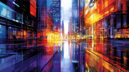 Vibrant city street at night, reflections on wet pavement, urban background, business concept