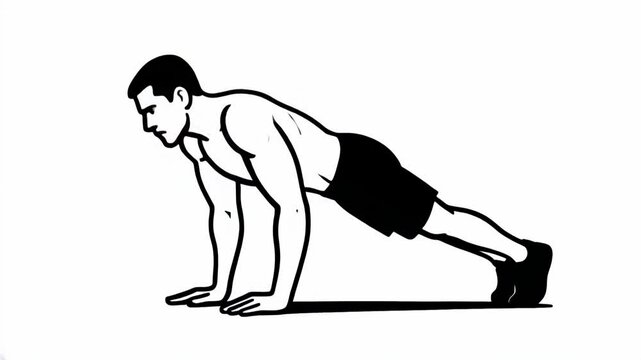 Seamless loop animation black and white illustration of athletic man performing pushup exercise on white background
