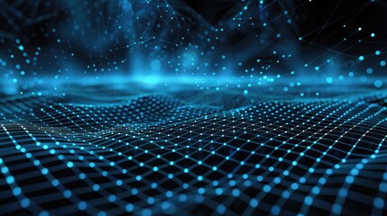 Abstract Technology Background With Interconnected Dot,Dynamic hexagonal grid in shades of dark blue and cyan, with glowing connections representing data flow