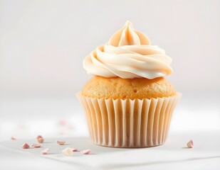 A cupcake with vanilla buttercream, and white and pink sprinkles in a white paper cup, placed on a white surface.
