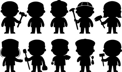 A fun and minimalist doodle icon set featuring 8 different Labour Day themed illustrations. This flat vector design includes cute cartoon workers, tools, teamwork scenes, and celebration moments. Perf