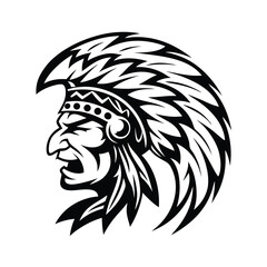 Tribal Native American Chief Head in Profile Monochrome Mascot Tattoo Style
