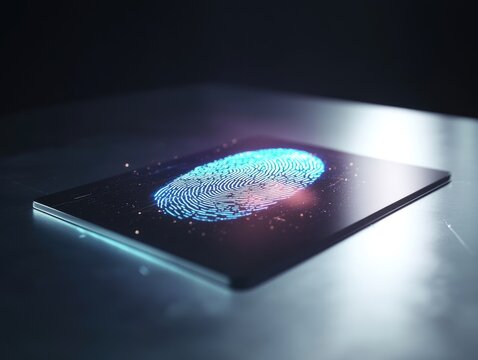 Fingerprint scan on tablet, futuristic digital interface