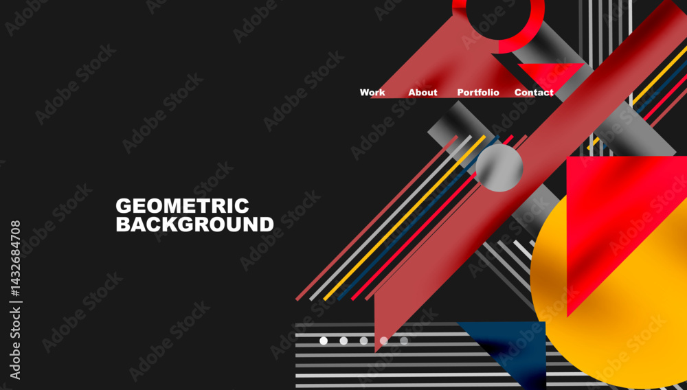 Aufkleber Abstract geometric design. Red, black, white shapes overlap. Website navigation visible at top. Modern aesthetic, clean lines present.