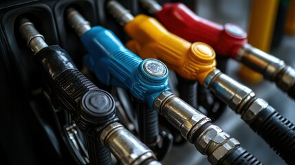 Close-up of Colorful Gas Pump Nozzles at a Gas Station