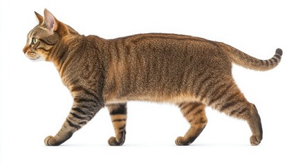 Brown Tabby Cat Walking On White Background
