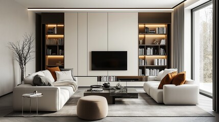 A bright and minimalist living room.	
