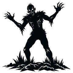 Silhouette of a Creepy Zombie with Raised Arms Isolated on a White Background