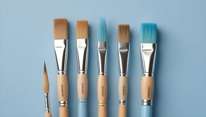 Fototapeta premium Assortment of paintbrushes in a row, with different shapes, on a soft light blue backdrop.