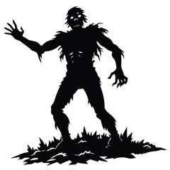 Creepy Zombie Silhouette with Raised Hand Walking on Ground, Isolated on White