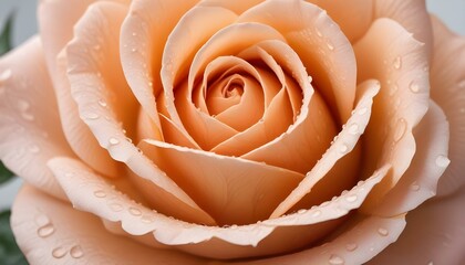 A stunning close-up of a peach rose, showcasing delicate petals and water droplets.
