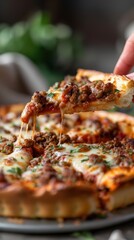 Hand picking a slice of meat lovers deep dish pizza