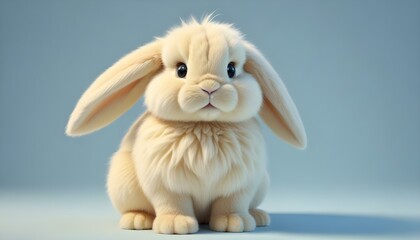 Fototapeta premium A charming and fluffy cream bunny sits, showcasing adorable features against a light-blue backdrop.