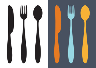 Fork, knife, spoon icon collection. Cutlery silhouettes and colorful vector symbols.