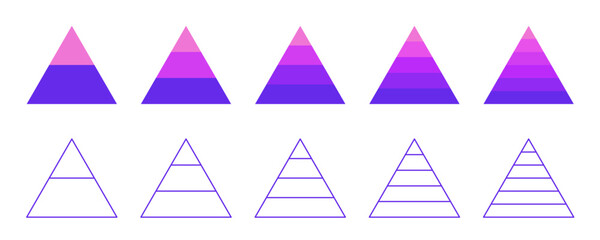 Pyramid chart set. Infographics template with 2, 3, 4, 5, 6 steps. Triangular layer diagram.