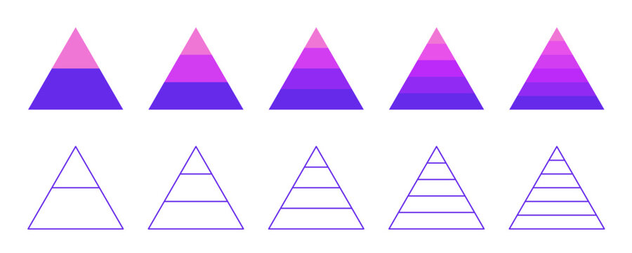 Pyramid chart set. Infographics template with 2, 3, 4, 5, 6 steps. Triangular layer diagram.