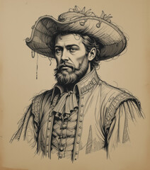 Portrait of a man dressed in a Renaissance costume, hand drawn. 