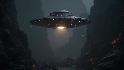 Obraz premium Unidentified Flying Object hovering in dark and mysterious rocky canyon
