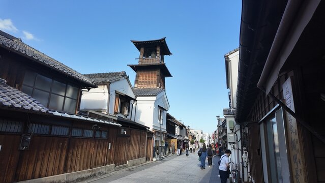 Toki no Kane bell tower and traditional warehouse district in Kawagoe, Japan