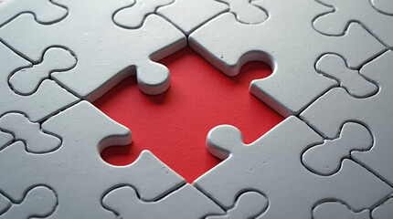 Gray Jigsaw Puzzle Pieces with Missing Section and Red Background