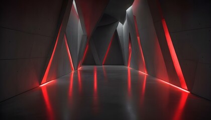 Dramatic architectural interior featuring red illuminated lines and geometric concrete structures.