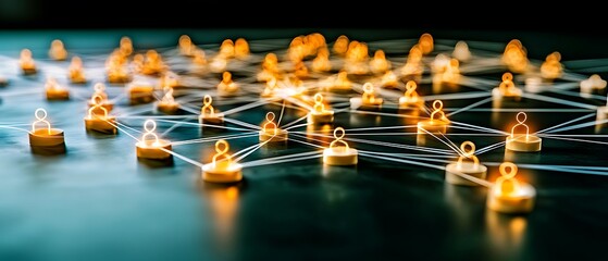 Golden figures connected by lines, representing a digital network on dark surface