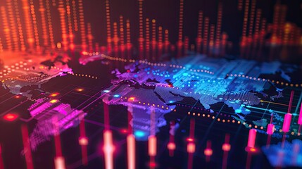 Global Financial Data Visualization with Line Graphs on World Map, Analytics Datapoints ,Global Finance Network Abstract World Map with Glowing Lines and Financial Data Visualizations