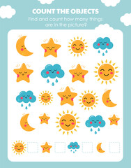 A page with a task for children to count the number of objects in a picture