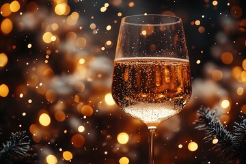 Elegant champagne glass celebratory drink with sparkling festive background for new year or christmas