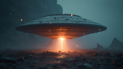 Obraz premium Otherworldly encounter of a futuristic spacecraft on an alien terrainscape