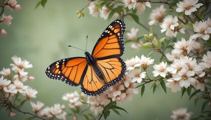 Naklejka premium A captivating monarch butterfly, elegantly perched on blooming flowers under sunlight.