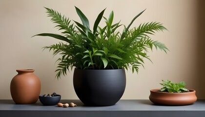 Fototapeta premium A vibrant houseplant in a black pot stands out with pottery and greenery, creating a calm interior setting.