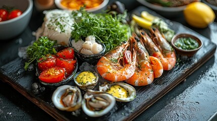 Sea-themed restaurant menu displayed on a wooden blackboard, creating a nautical-inspired food presentation. 