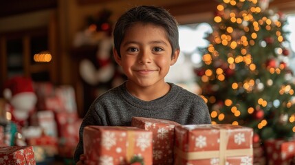 Excited, young hispanic boy opening gifts under Christmas tree.