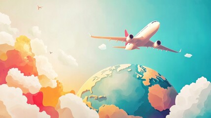 Plane flying above a colorful world globe
