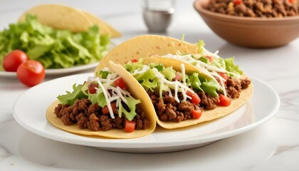 Close-up shot of delicious beef tacos filled with cheese, lettuce, and tomatoes on a white plate.