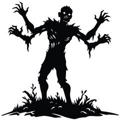 Rising Hand Silhouette, Spooky Trees, and Dense Grass Clumped Black and White Circle