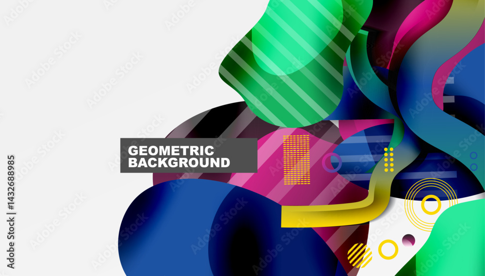 Poster Abstract colorful shapes overlap. Dynamic composition features gradients, lines, circles. Modern design suitable for backgrounds, presentations.