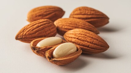 The image showcases whole almonds with a few almonds split open, revealing a creamy white interior, on a clean white background.