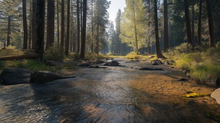Fototapeta premium A serene and slightly mystical scene along a lake flowing through a forest. 