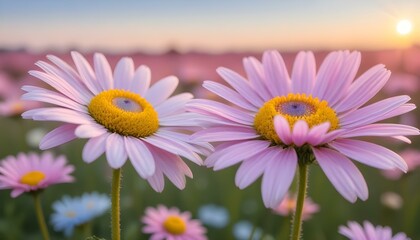 Obraz premium Two exquisite pink daisies in a field capture the beauty of a peaceful sunset.
