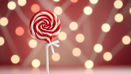 A vibrant red and white swirled lollipop with a delicate bow, against a soft, bokeh backdrop.