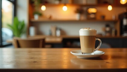 Fototapeta premium Clean wooden table, soft cafe background, glowing bokeh, montage, business, empty